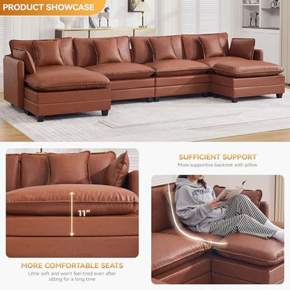 147'' Sectional Cloud Deep Seat Couch, Oversized Leather U Shaped Sectional Sofa for Living Room Set, Comfy Upholstered Modular Sectional Sofa Couch with Movable Ottoman, Leather Brown - color: Pu-dark Brown, size: 147'' U Shape