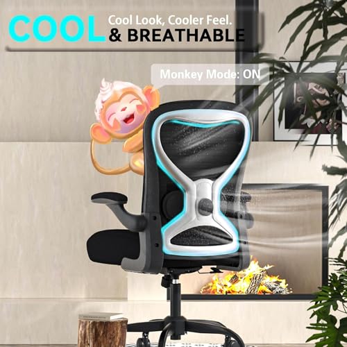 Ergonomic Home Office Chair, 4-Way Lumbar, Thick Cushion, 330LBS | Adjustable Lumbar (up/down/in/out), Rocking Mesh Back, Flip-up Arms, Easy Assembly, Ideal for home offices & small workspaces - color: Black With Finish Silver