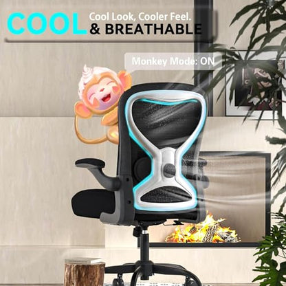 Ergonomic Home Office Chair, 4-Way Lumbar, Thick Cushion, 330LBS | Adjustable Lumbar (up/down/in/out), Rocking Mesh Back, Flip-up Arms, Easy Assembly, Ideal for home offices & small workspaces - color: Black With Finish Silver