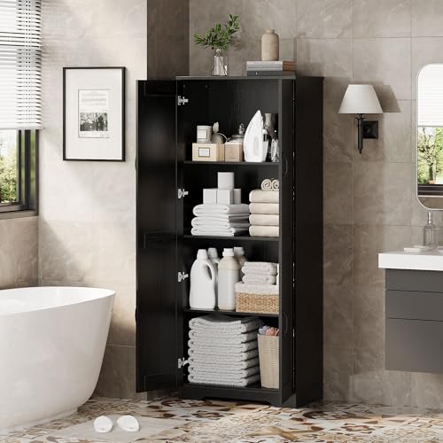Garvee Tall Pantry Cabinet, 60" Kitchen Storage Cabinet with 2 Doors & Adjustable Shelves, Freestanding Wooden Cupboard for Bathroom，Dining Room, Living Room, Black | Kitchen Storage Cabinet with 2 Doors & Adjustable Shelves, Wooden Cupboard for Bathroom，