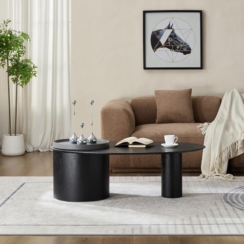 47.24" Modern Coffee Table with Storage Space, Round Low End Table, Rustic Style Bedside Table for Bedroom Living Room - color: Oval+tray-black