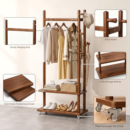 Coat Rack Solid Wood Stand Storage 2 Shelves 4 Hooks Entryway | Hallway bedroom living room office, durable wood construction, freestanding design, coats hats bags storage - size: Walnut - L: 13''Wx 24.8"D x 71"H (With Wheels)