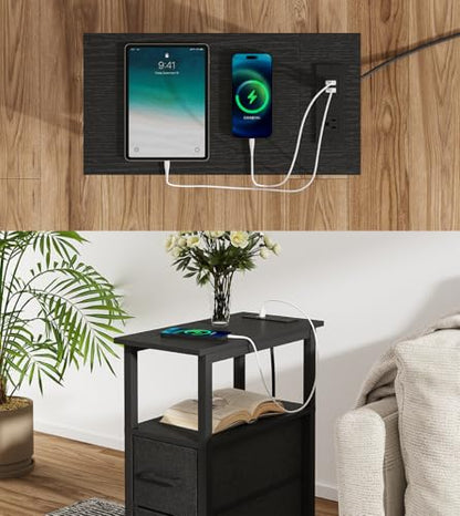 2 Set Narrow Side Table for Small Spaces, Skinny End Table with Charging Station, Sofa Beside Table with 2 Fabric Drawers and 1 Open Compartment, Slim Nightstand with USB Ports Outlet, Black UTBT004B2 - color: Black