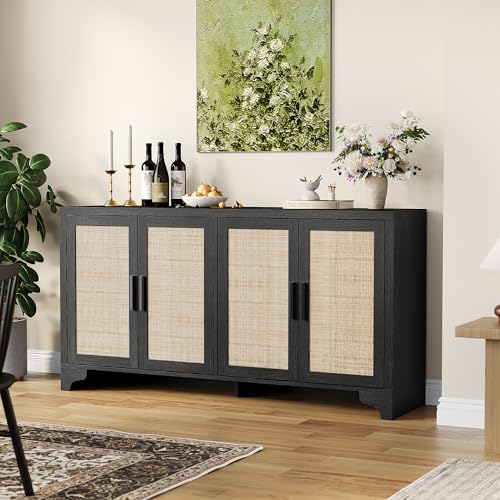 Rattan Sideboard Cabinet, 4-Door Buffet Storage for Entryway Living Room | Adjustable shelves and compartments organize shoes, decor, tableware, and essentials for apartments, homes, & family spaces.