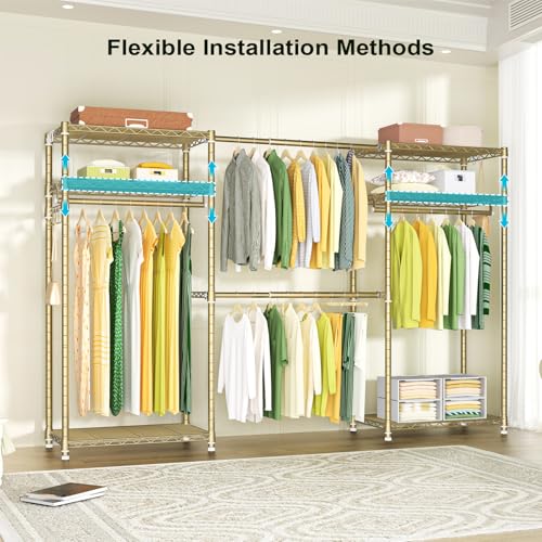 E1 Heavy Duty Closet Garment Rack, 6 Tiers Adjustable Clothing Storage | Metal Gold Freestanding Expandable Closets with 4 Hanger Rods, Easy-to-Assemble Wardrobe - color: Gold
