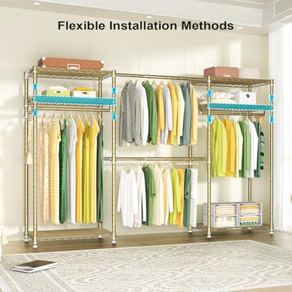 E1 Heavy Duty Closet Garment Rack, 6 Tiers Adjustable Clothing Storage | Metal Gold Freestanding Expandable Closets with 4 Hanger Rods, Easy-to-Assemble Wardrobe - color: Gold