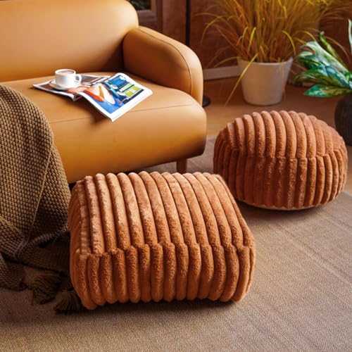 Round Unstuffed Ottoman Cover Pouf Foot Rest, Caramel | Cover Only, 20x20x8 In, Soft Short Plush, Ribbed Texture, Modern Style, Living Room, Bedroom, Reading Nook - color: Caramel