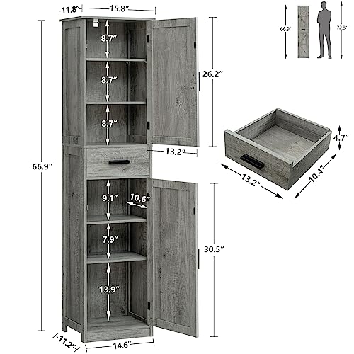 TEENFON Tall Bathroom Cabinet, Storage Cabinet with 6 Shelves & Drawer, Bathroom Storage Cabinet with Adjustable Shelves, Tall Cabinet for Living Room, Home Office, Grey - color: Grey