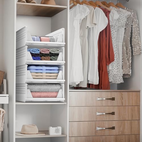 Sorbus 4 Pack Folding Closet Shelf Organizer for Clothes, Versatile Stackable Storage Baskets for Closet, Bathroom, Kitchen and Garage with Easy Access Open Front Design, Plastic Organizer Shelves - size: 4 Small