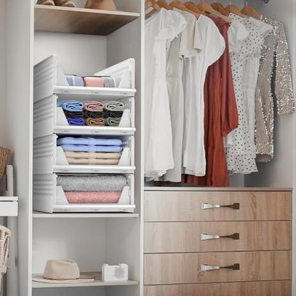 Sorbus 4 Pack Folding Closet Shelf Organizer for Clothes, Versatile Stackable Storage Baskets for Closet, Bathroom, Kitchen and Garage with Easy Access Open Front Design, Plastic Organizer Shelves - size: 4 Small