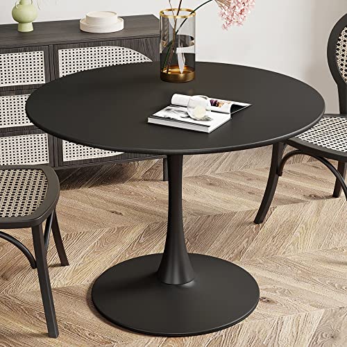 Recaceik Modern Round Dining Table, 31.5'' Tulip Table with MDF Table Top & Metal Pedestal Base for Dining Room Living Room Cafe, Kitchen Table w/ 0.71” Thickened Tabletop for 2-4 People, Black - color: Black