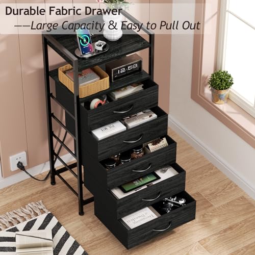 Nightstand with Charging Station,LED,5 Drawers Dresser for Bedroom | Tall Bedside Table,Dorm Night stand with LED Light & Remote Control, Metal Frame and Fabric Bins,Wood Desk Top,Easy Assemble - color: Black Oak, style: 5 Drawer
