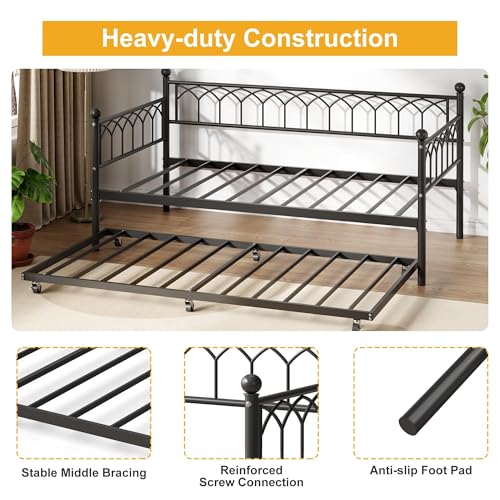 IDEALHOUSE Twin Size Daybed, Sofa Bed Frame with Metal Steel Slat Support, Heavy Duty Metal Bed Frame, Space Saving, Easy Assembly, for Small Spaces, Living Room, Bedroom, Apartment, Black | Pull-Out Trundle, Space-Saving, Metal Frame, Living Room, Bedroo