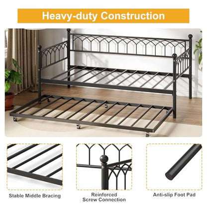 IDEALHOUSE Twin Size Daybed, Sofa Bed Frame with Metal Steel Slat Support, Heavy Duty Metal Bed Frame, Space Saving, Easy Assembly, for Small Spaces, Living Room, Bedroom, Apartment, Black | Pull-Out Trundle, Space-Saving, Metal Frame, Living Room, Bedroo
