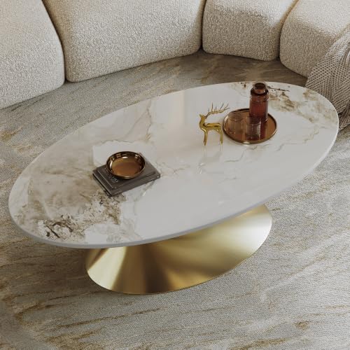 49.2" Oval Marble Coffee Table with Gold Stainless Steel Base, Luxury Sintered Stone Top Center Cocktail Tea Tables for Living Room,Easy Assembly - color: Style 4: Gold Base