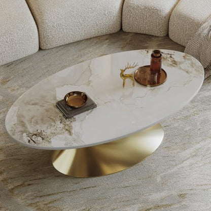 49.2" Oval Marble Coffee Table with Gold Stainless Steel Base, Luxury Sintered Stone Top Center Cocktail Tea Tables for Living Room,Easy Assembly - color: Style 4: Gold Base