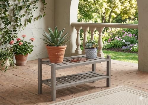 2-Tier Acacia Wood Stackable Shoe Rack - Brush Grey - color: Grey