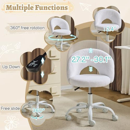 VINGLI Small Vanity Chair with Faux Fur Wheels for Girls,Cute Adjustable Height Armless Office Desk Chair,360°Swivel Comfy Rolling for Study,Make up Room,Small Space,White - color: Furry White
