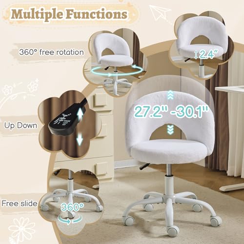 VINGLI Small Vanity Chair with Faux Fur Wheels for Girls,Cute Adjustable Height Armless Office Desk Chair,360°Swivel Comfy Rolling for Study,Make up Room,Small Space,White - color: Furry White