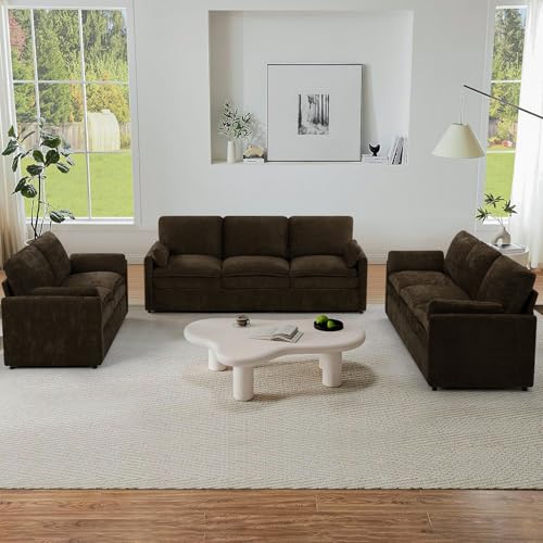 3 Pieces Chenille Sofa Set w/Two Arm Pillows, Brown | Upholstered Loveseat & 2 Pieces 3-Seater Sofa w/Soft Cushions, Modern 2-Seat & 3-Seat w/High-Density Foam for Living Room - color: Brown, size: 69" & 89" & 89" Sofa Set
