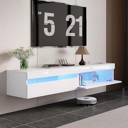 Solid Wood Floating TV Stand-Wall Mounted TV Shelf with Led Lights & Power Outlet, 71" Modern Entertainment Center Media Console with Storage, High Gloss TV Cabinet for 65/75/80 inch TV,White - color: Snow White