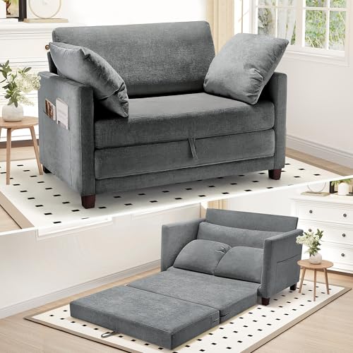 Myroyalsit 51" Convertible Sofa Bed, 2 in1 Folding Sofa Bed, Loveseat Sleeper Sofa for Small Spaces, Fold Out Floor Couch with 2 Pillows for Apartment, Living Room & Guest Room, Grey Chenille Fabric - color: Grey, size: 51"