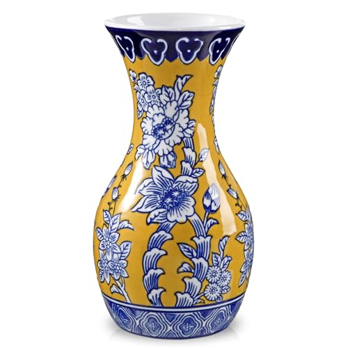 Blue and Yellow Ceramic Vase 11" Chinoiserie Flower Vase in Wide Mouth | Hand-Painted Floral Motif, Triple-Fired Glazed Ceramic, Royal-Inspired Chinoiserie Decor for Home Decor Bookshelf Side Table - color: #Yellow Floral Texture
