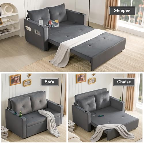 Krcix 3 in 1 Pull Out Couch, 56" Velvet Sofa Bed, Convertible Sleeper Sofa | Loveseat Sleeper for Living Room, Small Space-Saving, Family Couch Bed with USB, Cup Holder, Dark Gray - color: Dark Gray