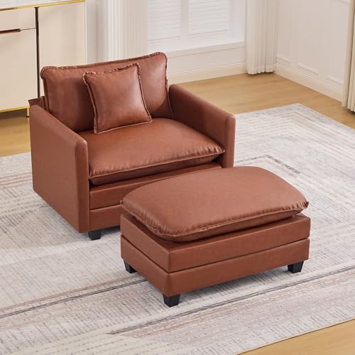 WUTUTUEE 35'' Modern Leather Cloud Sofa Ottoman,Rectangle Ottoman for Modular Sectional Sofa, Leather Brown - color: Pu-dark Brown, size: 35'' Ottoman