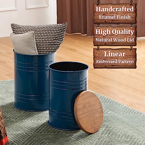 Glitzhome Rustic Storage Ottoman Seat Stool, Farmhouse Nesting End Table, Galvanized Barrel Metal Accent Side Table Toy Box Bin with Round Wood Lid for Living Room, Set of 2, Navy Blue - color: Navy Blue