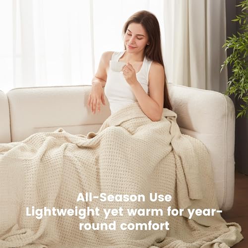 SLEEP ZONE Throw Blankets for Couch, Waffle Weave Blanket Soft Cozy Lightweight Warm Decorative Knit Throw Blankets for Bed, Sofa, Living Room (50x60in, Light Beige) - size: 50×60