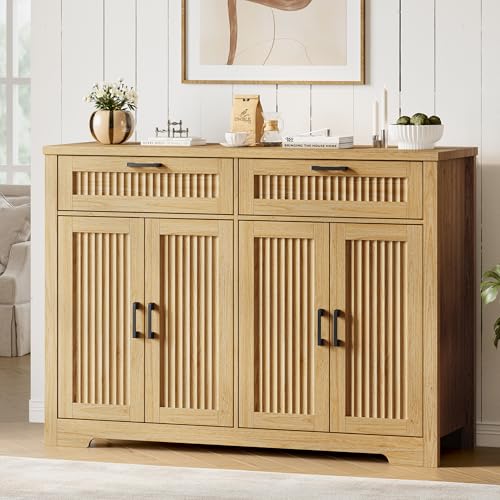 Fluted Buffet Sideboard Cabinet with Storages, Buffet Table with Drawers | Coffee Bar Console Table with 2 Drawers & 4 Doors and Adjustable Shelves, Sideboard with Metal Handles, Natural Oak - color: Natural Oak, size: 4 Doors & 2 Drawers