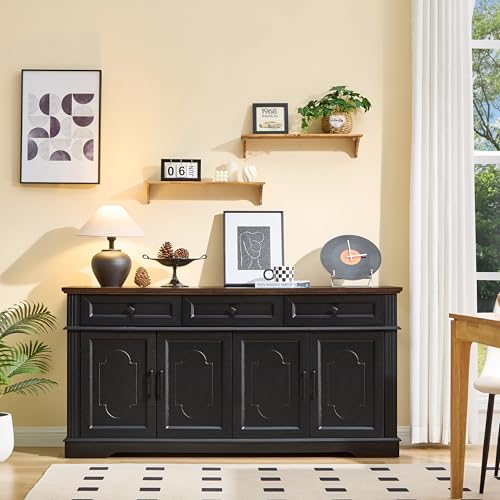 63" Black Buffet Sideboard Cabinet 4 Doors and 3 Drawers Storage Cabinet | Modern Farmhouse Kitchen Coffee Bar Cabinet with Adjustable Shelves, Living Room Storage, Dining Room - color: Black, size: 33"(H) x 63"(W) x 15.75"(D)