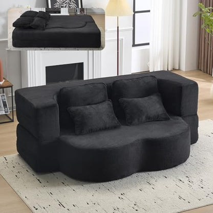 78” Convertible Sofa Bed, Full Size Sleeper Couch, Black | Boneless Folding Loveseat, Deep Seat, Soft Chenille, 4 Pillows, No Assembly, for Guest Living Room Bedroom - color: Black, size: 78"
