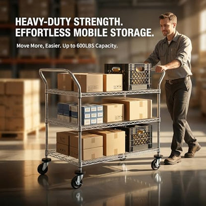 Finnhomy 3-Tier Commercial Grade Rolling Cart, Heavy Duty Utility Cart with Wheels and Handles, Metal Kitchen Carts on Wheels with 600 lbs Capacity, Shelf Size 24" D x 40" W, NSF - size: 24"D x 46.8"W x 39.7"H