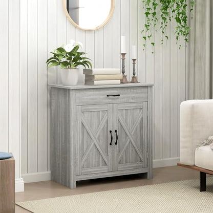 HOMCOM Farmhouse Sideboard Buffet Cabinet Barn Door Gray | Coffee Bar Cabinet, Drawer, Adjustable Shelf, Kitchen, Living Room, Entryway - color: Stone Gray