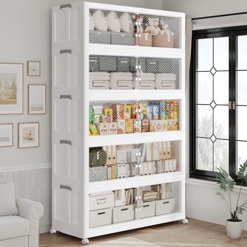 75GAL Plastic Storage Bins with Lid, 300QT Extra Large Stackable Closet Organizers and Storage, Collapsible Storage Boxes with Wheels, Folding Cabinet for Home Kitchen Office, 5Pack White - color: White, size: 15Gal-5Pack