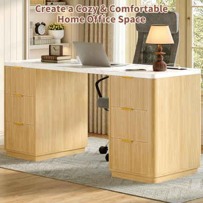 63" Fluted Computer Desk with Charging Station and Storage for Bedroom, Home Office | Home Office Desk with 6 Drawers and Power Outlet, Executive Study Writing Desk with Cabinet, Natural