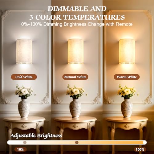 OCATO Battery Operated Wall Sconce Wireless Wall Sconces Set of Two | Rechargeable Magnetic Bulb Wall Lights Lamp Dimmable Timer with 16 RGB Fabric Linen Shade with Remote for Bedroom Living Room - color: Off-White