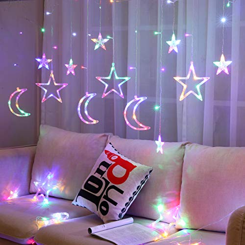 12pcs Moon Star 138 LEDs Curtain Light, with Remote Control 8 Light Mode Timing USB Powered,Fairy Lights Curtain Perfect for Ramadan Eid Festive Decorations (Multi-Colored) - color: Multicolor