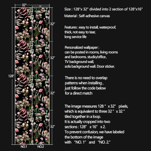 Black Flowers Peel and Stick self Adhesive Wallpaper Floral - 128''x32'' - color: X16, size: 128"x32"