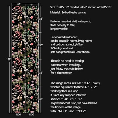 Black Flowers Peel and Stick self Adhesive Wallpaper Floral - 128''x32'' - color: X16, size: 128"x32"