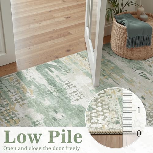 DCX Washable Abstract Area Rug 3x6, Non Slip Low Pile Rug, Sage Green | Easy to clean, non-shedding, soft, kid & pet friendly, with a non-slip rubber backing for living rooms, bedrooms, and offices - color: Green & White, size: 3' x 6'