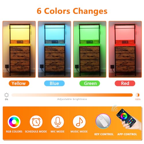Night Stand with Charger Station, 4 Fabric Drawers and LED Lights | 38'' Tall Bedside Table with Storage Shelf for Bedroom, Office, Metal Frame, Wood Shelves, Rustic Brown Nightstand - color: Rustic Brown