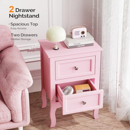 Bonnlo Nightstand Set of 2, Nightstands with 2 Drawers, Bed Side Table/Night Stand, Pink Nightstand, Small Nightstand for Bedroom, College Dorm, Kids’ Room, Living Room, Wood, 16W x 12D x 24H - color: Pink