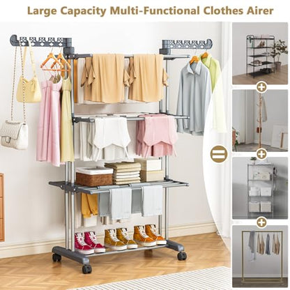 Upgraded 4-Tier Clothes Drying Rack, Drying Rack Clothing with Wheels | Large Foldable Laundry Drying Rack, Clothes Rack with Side Hooks for Indoor Outdoor Air Drying, 19.68"D x 29.9"W x 67.7"H - size: 19.68"D x 29.92"W x 67.70"H