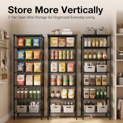 Finnhomy Heavy Duty 7 Tier Wire Shelving, 18x18x72 inches 7 Shelves Storage Rack with Thicken Steel Tube, Pantry Shelves for Storage, Adjustable Metal Shelving Unit, NSF Certified, Black - size: 72"H-Black