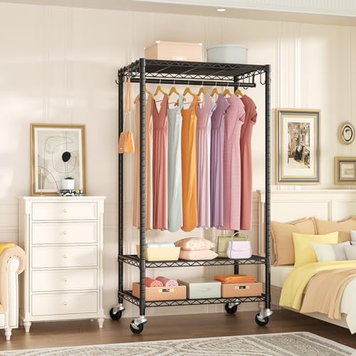 Rolling Clothes Rack, Clothing Racks for Hanging Clothes, Black | P6 Heavy Duty Garment Rack with Wheels, 3 Tier Freestanding Portable Closet Rack with Shelves, 35.5 In Wide, Max Load 380 LBS - color: Black, size: P6