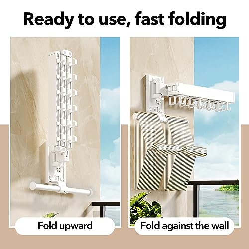 HEILAIYI Wall Mounted Clothes Hanger,Clothes Drying Rack,Laundry Drying Rack,Clothes Rack Wall Mount,Drying Rack Clothing,Retractable,Collapsible,can Fold Upward & Left & Right (Upgrade-White) - size: Upgrade-White / J Shape Hooks