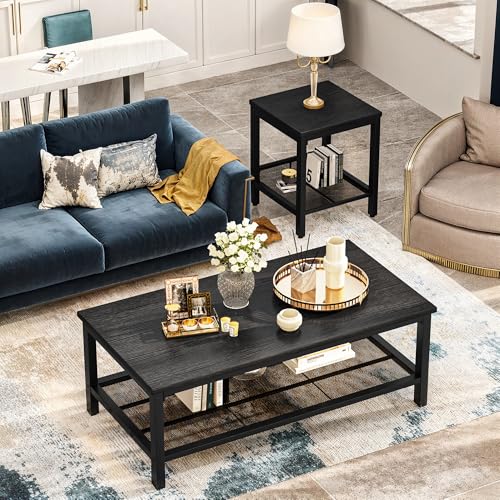 3 Pieces Living Room Table Set, Industrial Coffee Table with 2 Square End Side Tables, Coffee Table Set with Metal Frame for Apartment Home Office, Black - color: Black